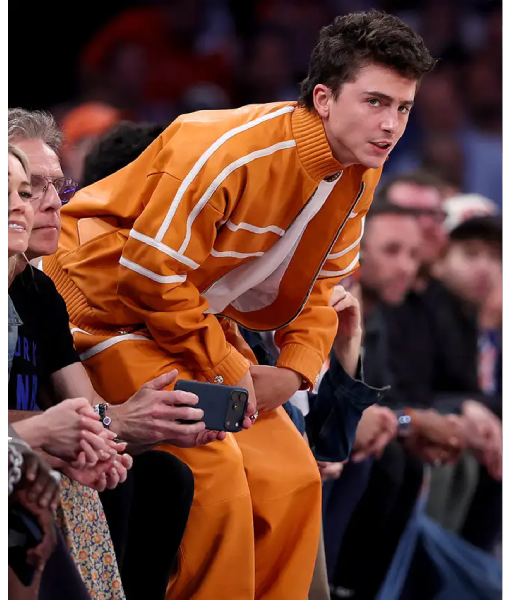 Timothée Chalamet NBA Finals Game 3 Orange Tracksuit WorthVee